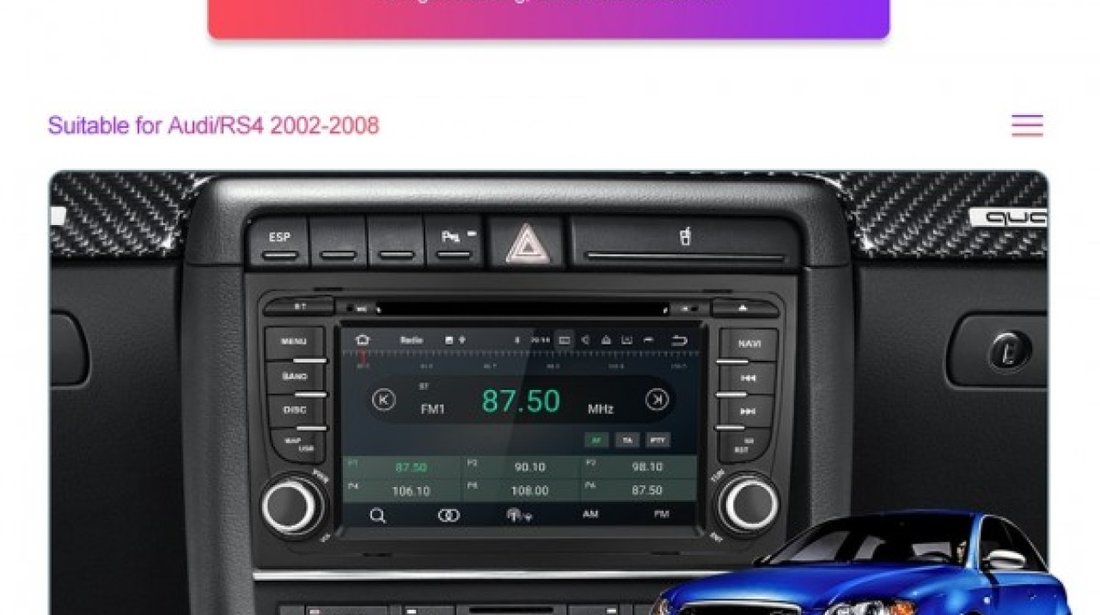 NAVIGATIE ANDROID 9.0 DEDICATA AUDI RS4 ECRAN IPS 7'' 16GB 2GB RAM INTERNET 3G WIFI GPS WAZE