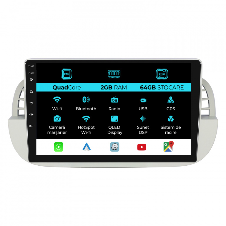 Navigatie Android Dedicata Fiat 500 (2007 - 2015), 9Inch, 2Gb Ram, 64Gb Stocare, Carplay
