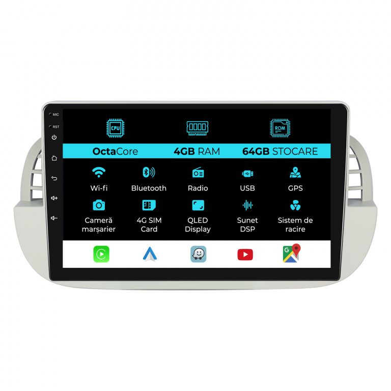 Navigatie Android Dedicata Fiat 500 (2007 - 2015), 9Inch, 4Gb Ram, 64Gb Stocare, Carplay