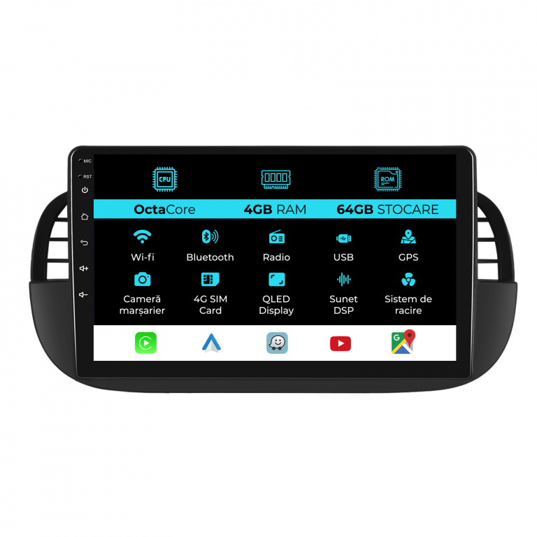 Navigatie Android Dedicata Fiat 500 (2007 - 2015), 9Inch, 4Gb Ram, 64Gb Stocare, Carplay