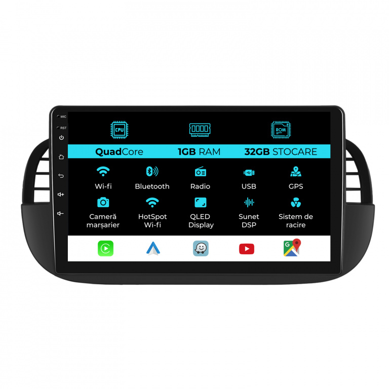 Navigatie Android Dedicata Fiat 500 (2007 - 2015), 9Inch, 1Gb Ram, 32Gb Stocare, Carplay