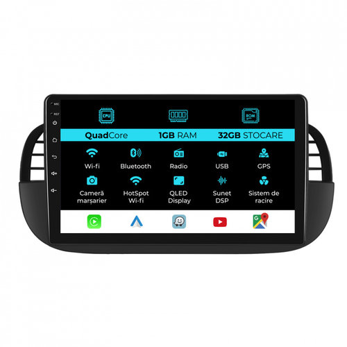 Navigatie Android Dedicata Fiat 500 (2007 - 2015), 9Inch, 1Gb Ram, 32Gb Stocare, Carplay