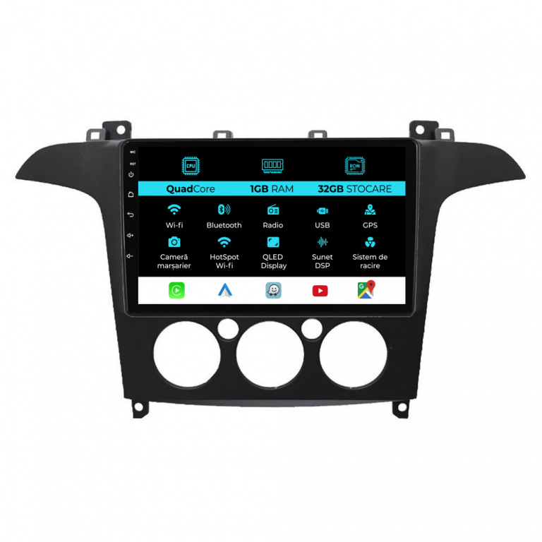 Navigatie Android Dedicata Ford S-Max (2006 - 2015) 9Inch, 1Gb Ram, 32Gb Stocare, Carplay, Clima manuala