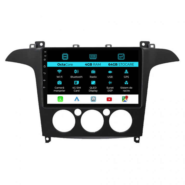 Navigatie Android Dedicata Ford S-Max (2006 - 2015) 9Inch, 4Gb Ram, 64Gb Stocare, Carplay, Clima manuala