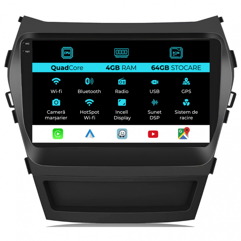 Navigatie Android Dedicata Hyundai IX45 Santa fe (2013-2017),QuadCore, 9Inch, 4Gb Ram, 64Gb Stocare, Carplay