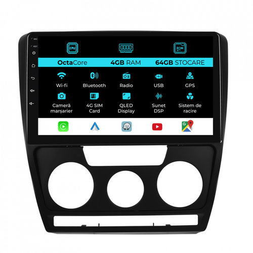 Navigatie Android Dedicata Skoda Octavia 2 (2004 - 2013), 10Inch, 4Gb Ram, 64Gb Stocare, Carplay