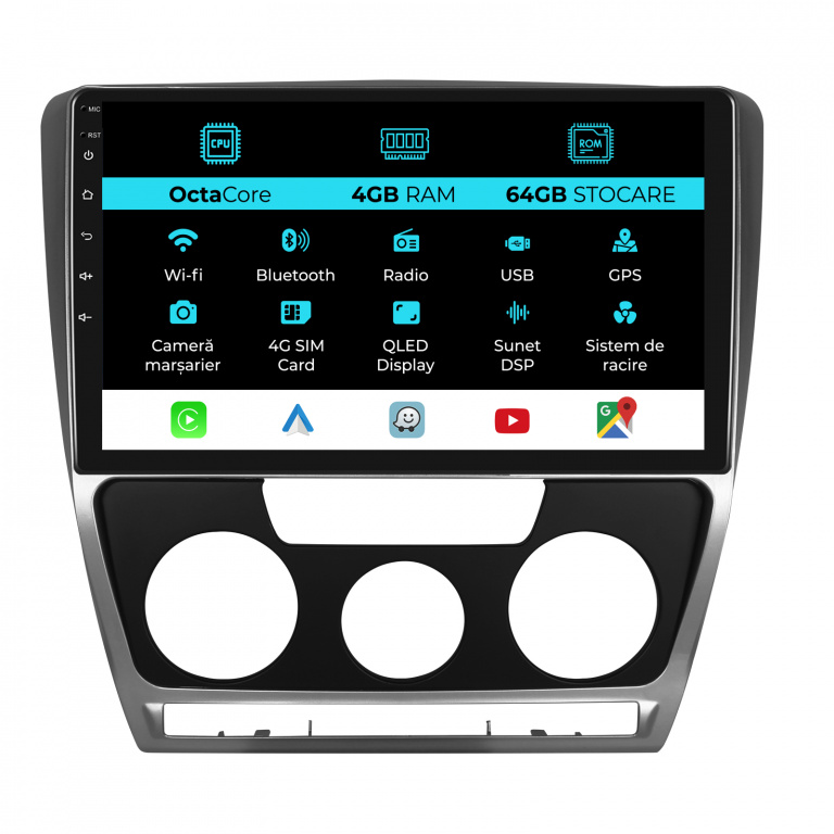Navigatie Android Dedicata Skoda Octavia 2 (2004 - 2013), 10Inch, 4Gb Ram, 64Gb Stocare, Carplay