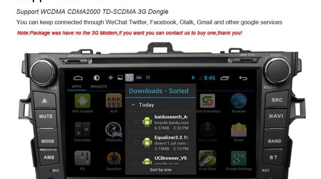 NAVIGATIE ANDROID DEDICATA TOYOTA COROLLA ECRAN 8'' 16GB INTERNET 3G WIFI QUADCORE 1,6GHZ DVR CARKiT