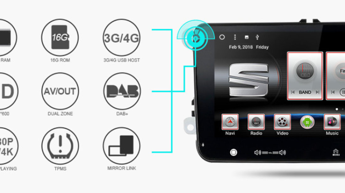 NAVIGATIE CARPAD ANDROID 7 DEDICATA Skoda Fabia II ECRAN 9'' CAPACITIV 16GB 2GB RAM INTERNET 4G WIFi