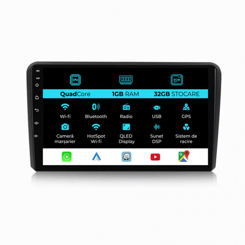 Navigatie Dedicata Audi A3 8P (2003 - 2013) 9 Inch, 1Gb Ram, 32Gb stocare, CarPlay