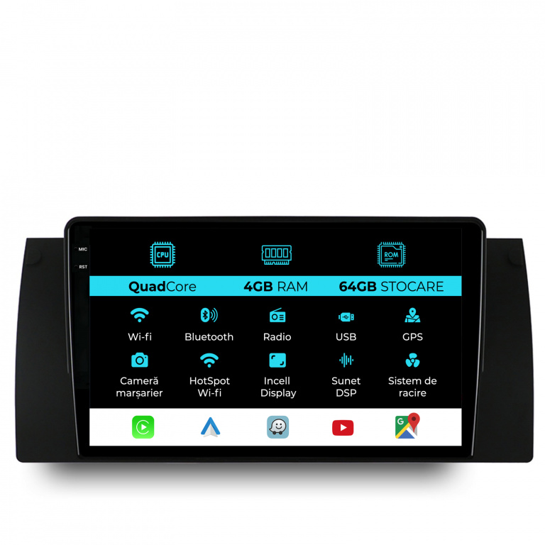 Navigatie Dedicata BMW Seria 5 E39 X5 E53 (1995-2003),QuadCore, 9Inch, 4Gb Ram, 64Gb Stocare, Carplay