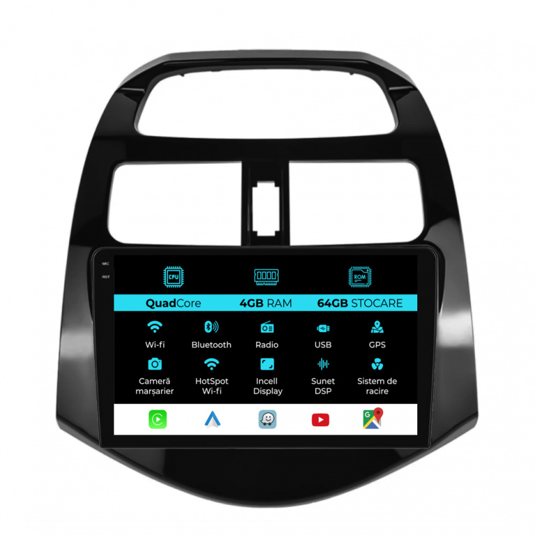 Navigatie Dedicata Chevrolet Spark (2009-2015), QuadCore, 9Inch, 4Gb Ram, 64Gb Stocare, Carplay