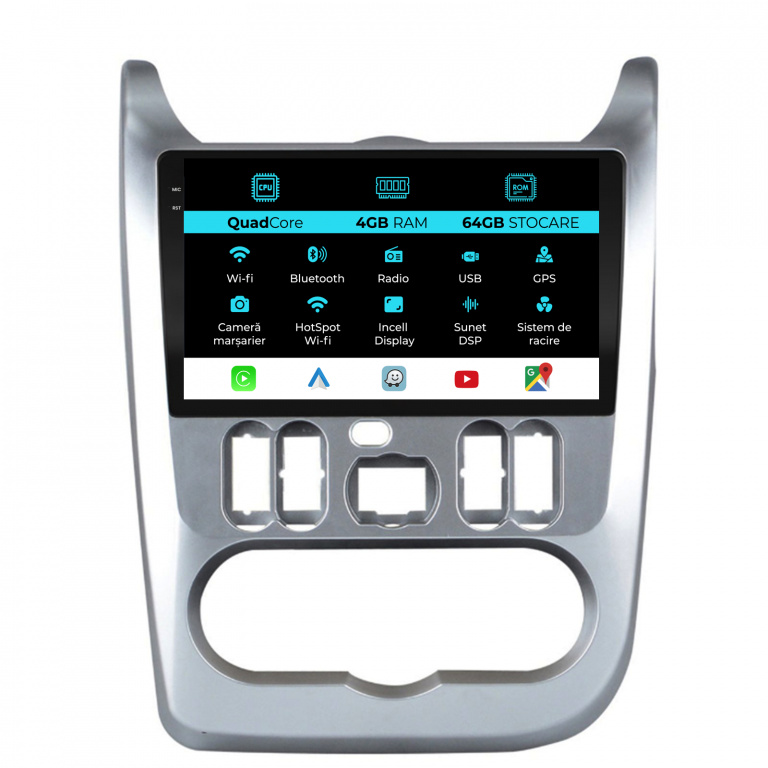 Navigatie Dedicata Dacia Logan Duster Sandero (2008-2013),QuadCore, 9Inch, 4Gb Ram, 64Gb Stocare, Carplay
