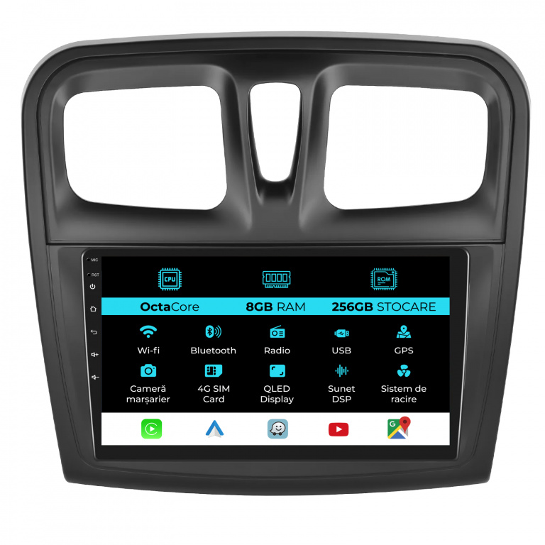 Navigatie Dedicata Dacia Logan Sandero (2012-2020), 9Inch, 8Gb Ram, 256Gb Stocare, Carplay