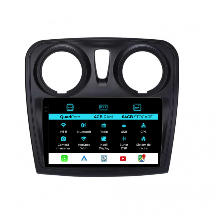 Navigatie Dedicata Dacia Logan Sandero (2012-2020),QuadCore, 9Inch, 4Gb Ram, 64Gb Stocare, Carplay