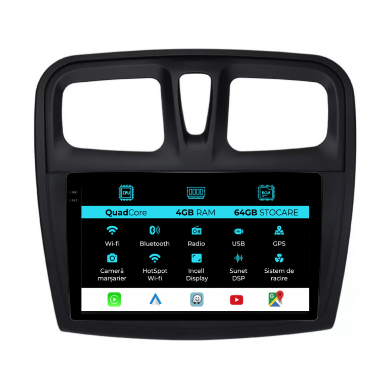 Navigatie Dedicata Dacia Logan Sandero (2012-2020),QuadCore, 9Inch, 4Gb Ram, 64Gb Stocare, Carplay