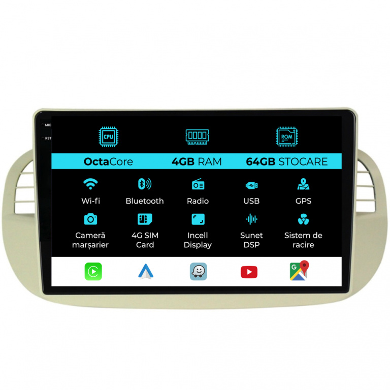 Navigatie Dedicata Fiat 500 (2007-2015), 9Inch, 4Gb Ram, 64Gb Stocare, Carplay