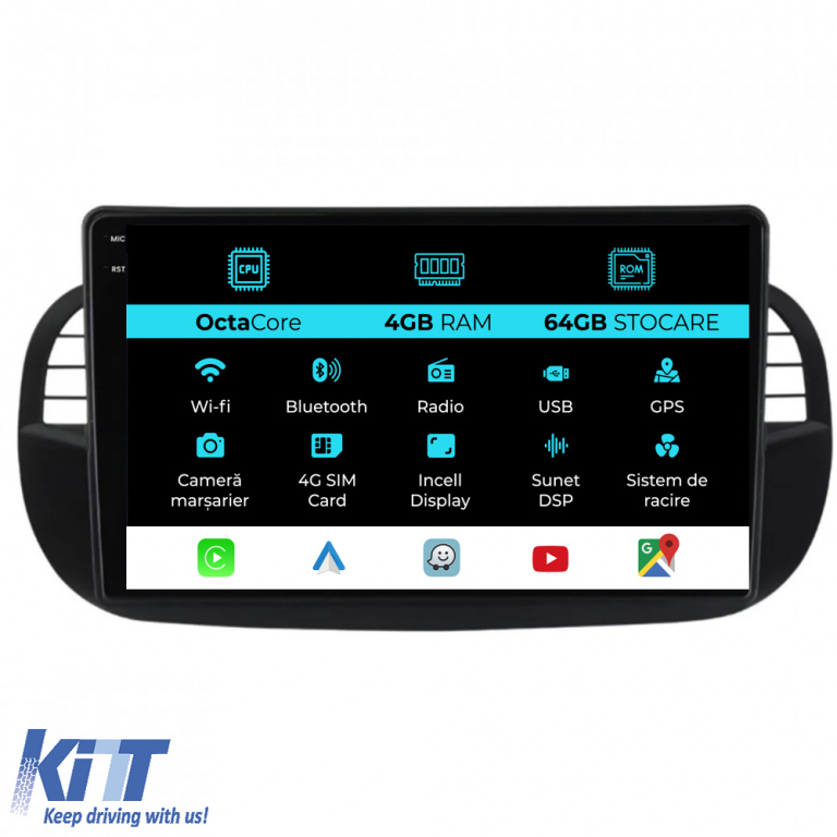 Navigatie Dedicata Fiat 500 (2007-2015), 9Inch, 4Gb Ram, 64Gb Stocare, Carplay NAVFT94FDU