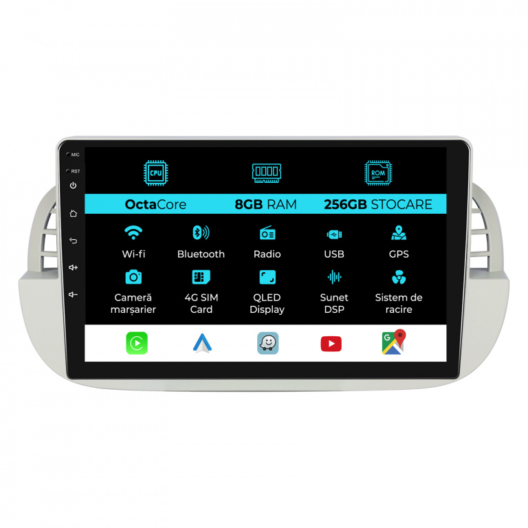 Navigatie Dedicata Fiat 500 (2007 - 2015), 9Inch, 8Gb Ram, 256Gb Stocare, Carplay