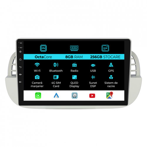 Navigatie Dedicata Fiat 500 (2007 - 2015), 9Inch, 8Gb Ram, 256Gb Stocare, Carplay