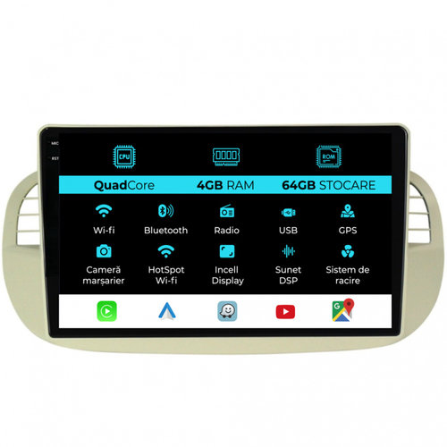 Navigatie Dedicata Fiat 500 (2007-2015), 9Inch,QuadCore, 4Gb Ram, 64Gb Stocare, Carplay