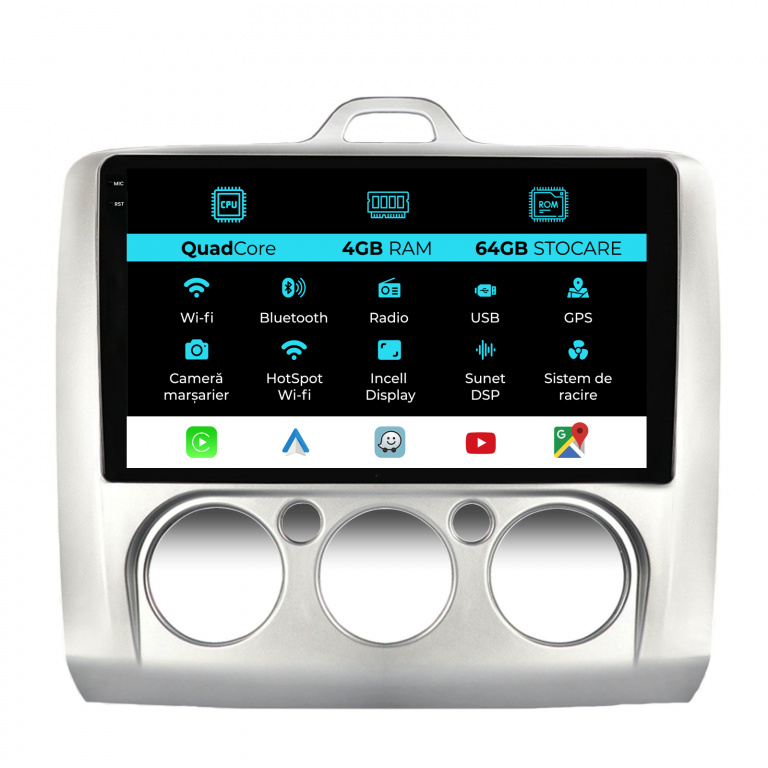Navigatie Dedicata Ford Focus (2004-2012),QuadCore, 9Inch, 4Gb Ram, 64Gb Stocare, Carplay