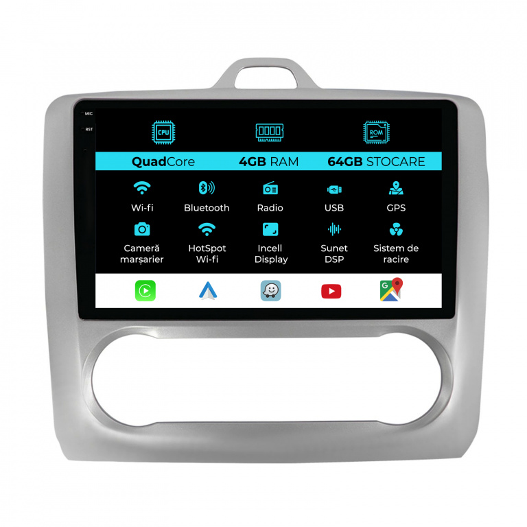 Navigatie Dedicata Ford Focus (2004-2012),QuadCore, 9Inch, 4Gb Ram, 64Gb Stocare, Carplay, Clima automata