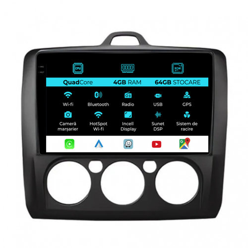 Navigatie Dedicata Ford Focus (2004-2012),QuadCore, 9Inch, 4Gb Ram, 64Gb Stocare, Carplay, Clima man...