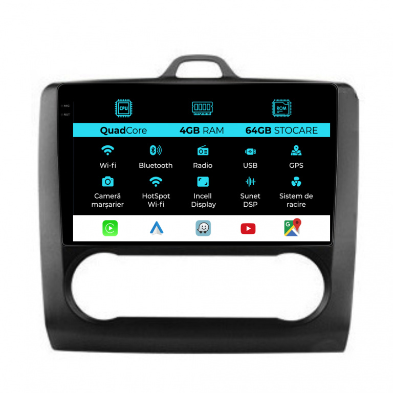 Navigatie Dedicata Ford Focus (2004-2012),QuadCore, 9Inch, 4Gb Ram, 64Gb Stocare, Carplay, Clima automata