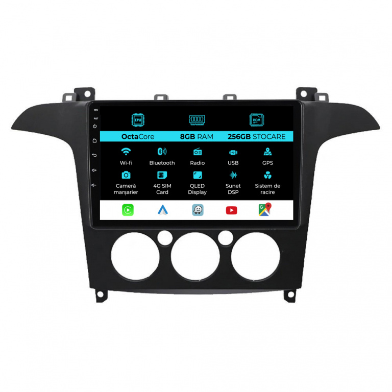 Navigatie Dedicata Ford S-Max (2006 - 2015) 9Inch, 8Gb Ram, 256Gb Stocare, Carplay, Clima manuala