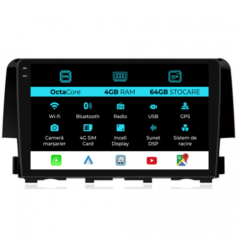 Navigatie Dedicata Honda Civic (2015-2021), 9Inch, 4Gb Ram, 64Gb Stocare, Carplay