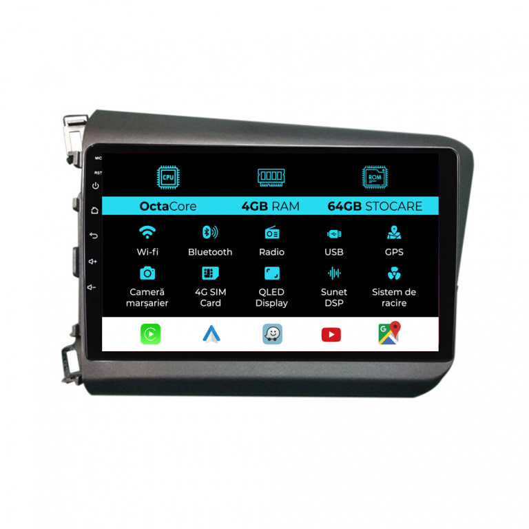 Navigatie Dedicata Honda Civic IX Sedan (2011-2015), 9Inch, 4Gb Ram, 64Gb Stocare, Carplay