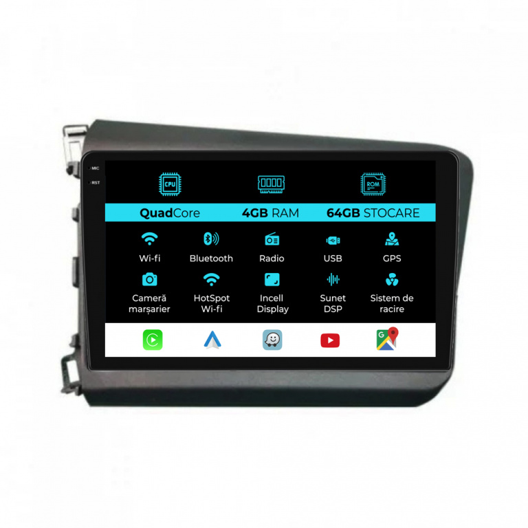 Navigatie Dedicata Honda Civic IX Sedan (2011-2015),QuadCore, 9Inch, 4Gb Ram, 64Gb Stocare, Carplay