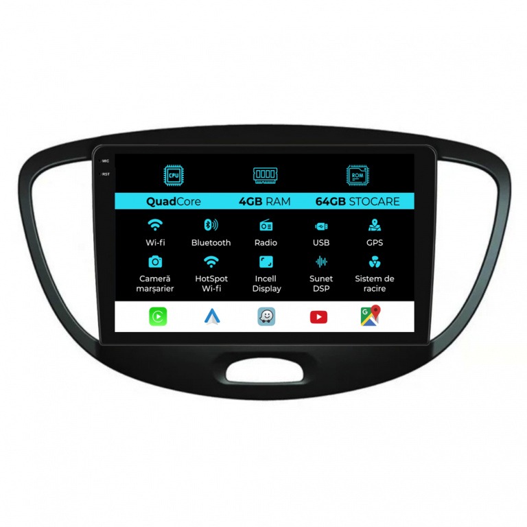 Navigatie Dedicata Hyundai I10 (2007-2013),QuadCore, 9Inch, 4Gb Ram, 64Gb Stocare, Carplay