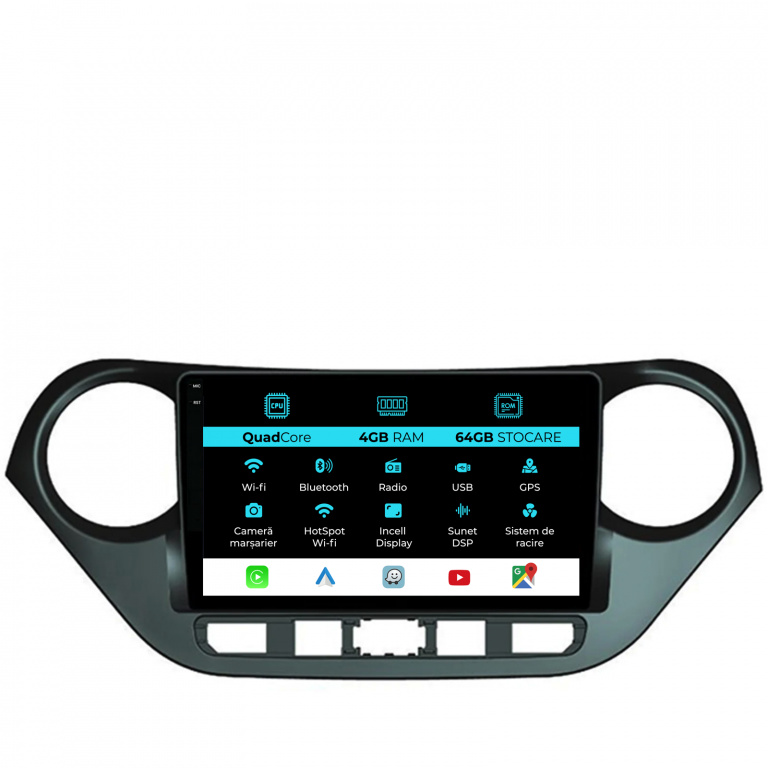 Navigatie Dedicata Hyundai I10 (2013-2017),QuadCore, 9Inch, 4Gb Ram, 64Gb Stocare, Carplay
