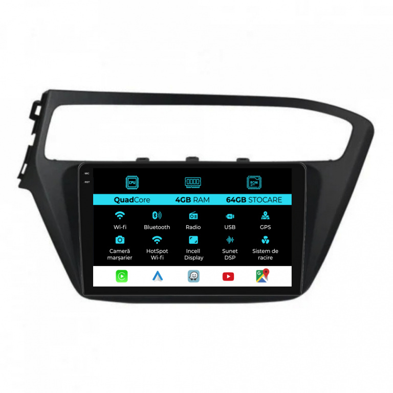 Navigatie Dedicata Hyundai I20 (2014-2020),QuadCore, 9Inch, 4Gb Ram, 64Gb Stocare, Carplay