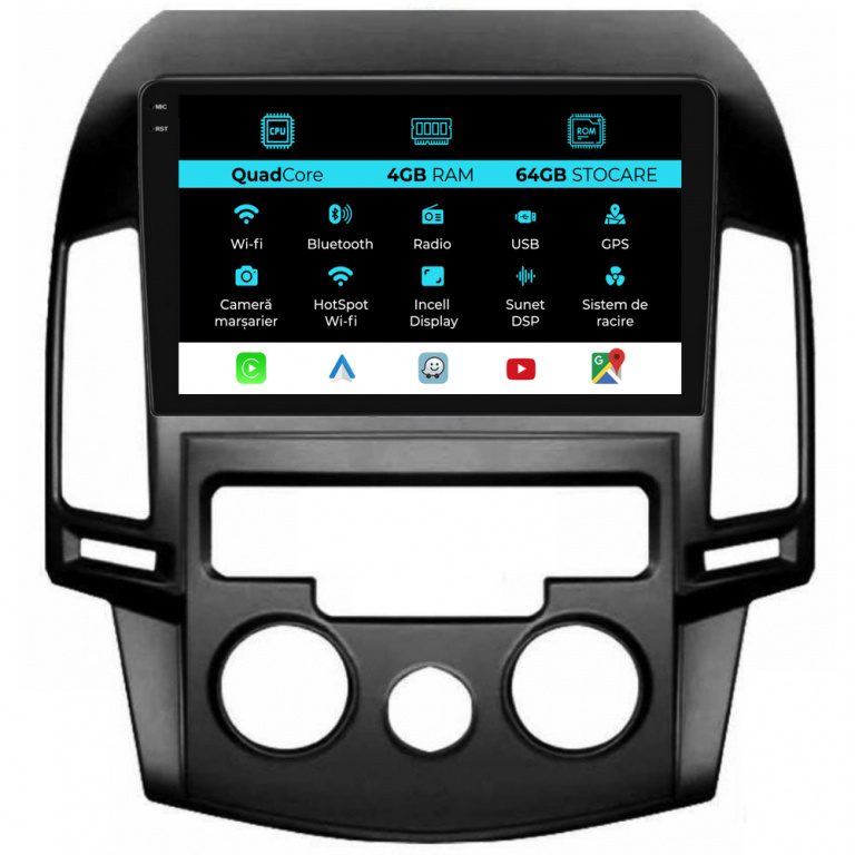 Navigatie Dedicata Hyundai I30 (2007-2012),QuadCore, 9Inch, 4Gb Ram, 64Gb Stocare, Carplay, Clima manuala