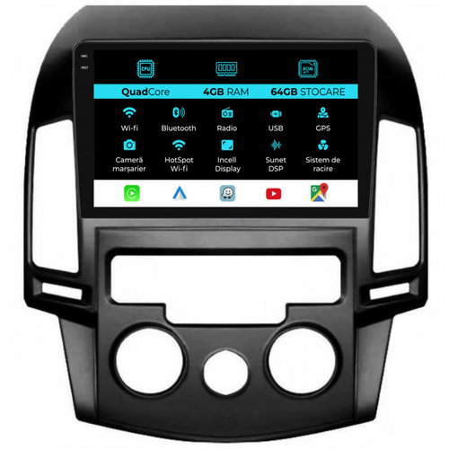 Navigatie Dedicata Hyundai I30 (2007-2012),QuadCore, 9Inch, 4Gb Ram, 64Gb Stocare, Carplay, Clima ma...