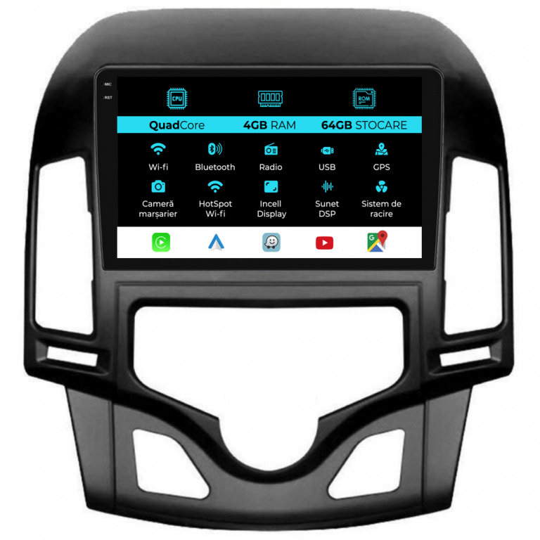 Navigatie Dedicata Hyundai I30 (2007-2012),QuadCore, 9Inch, 4Gb Ram, 64Gb Stocare, Carplay, Climatronic