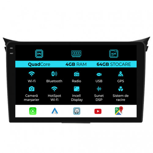 Navigatie Dedicata Hyundai I30 (2011-2015),QuadCore, 9Inch, 4Gb Ram, 64Gb Stocare, Carplay
