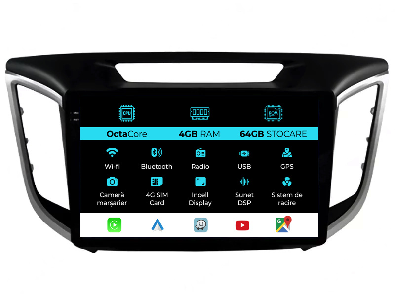 Navigatie Dedicata Hyundai IX25 (2015-2019), 10Inch, 4Gb Ram, 64Gb Stocare, Carplay