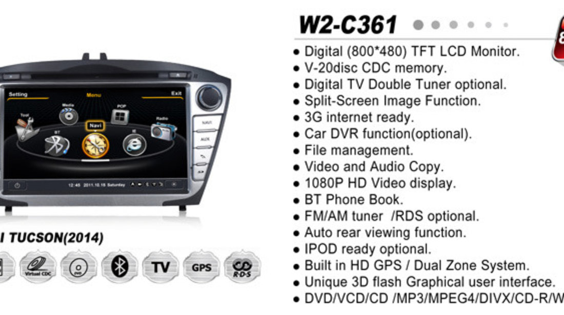 Navigatie Dedicata HYUNDAI IX35 2014 2015 Edotec EDT C361 Platforma S100 Dvd Auto Gps Tv Carkit