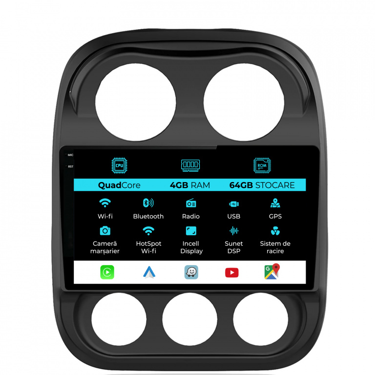 Navigatie Dedicata Jeep Compass (2010-2016),QuadCore, 10Inch, 4Gb Ram, 64Gb Stocare, Carplay