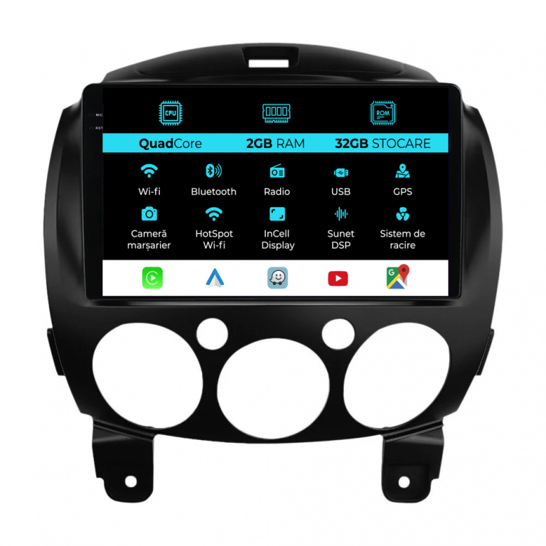 Navigatie Dedicata Mazda 2 (2007-2014), 9 Inch, 2Gb Ram, 32Gb stocare, Carplay