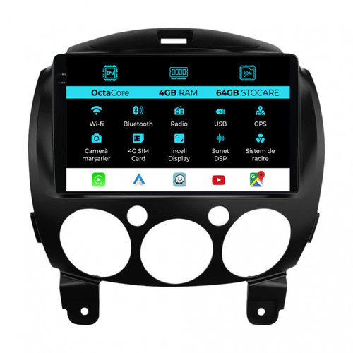 Navigatie Dedicata Mazda 2 (2007-2014), 9 Inch, 4Gb Ram, 64Gb stocare, Carplay