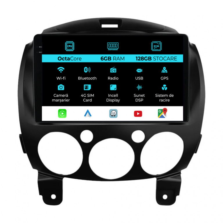Navigatie Dedicata Mazda 2 (2007-2014), 9 Inch, 6Gb Ram, 128Gb stocare, Carplay