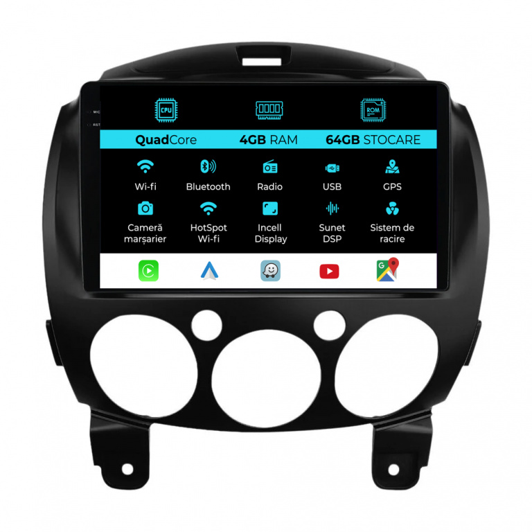 Navigatie Dedicata Mazda 2 (2007-2014),QuadCore, 9 Inch, 4Gb Ram, 64Gb stocare, Carplay