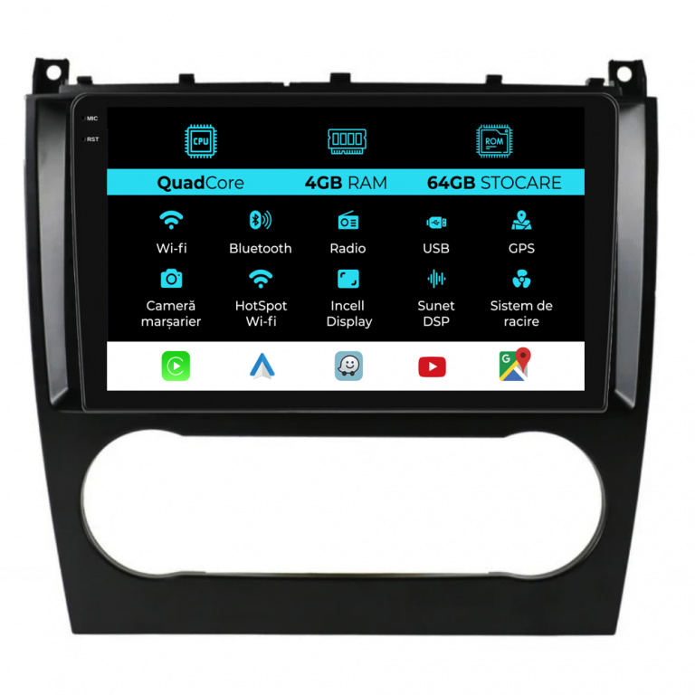 Navigatie Dedicata Mercedes C-Class W203 CLK W209 (2005 - 2009),QuadCore, 9Inch, 4Gb Ram, 64Gb Stocare, Carplay