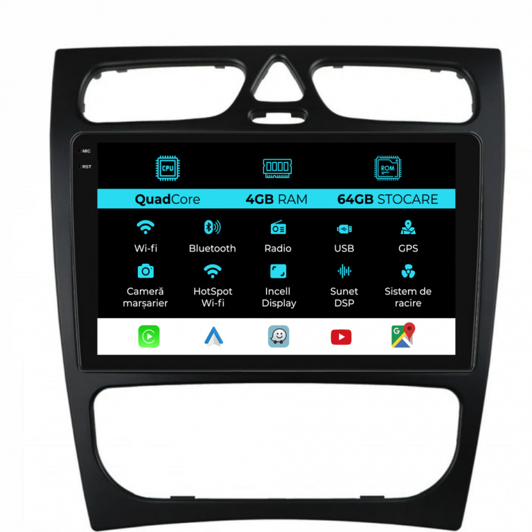 Navigatie Dedicata Mercedes C-Class W203 CLK W209 (2000 - 2005),QuadCore, 9Inch, 4Gb Ram, 64Gb Stocare, Carplay