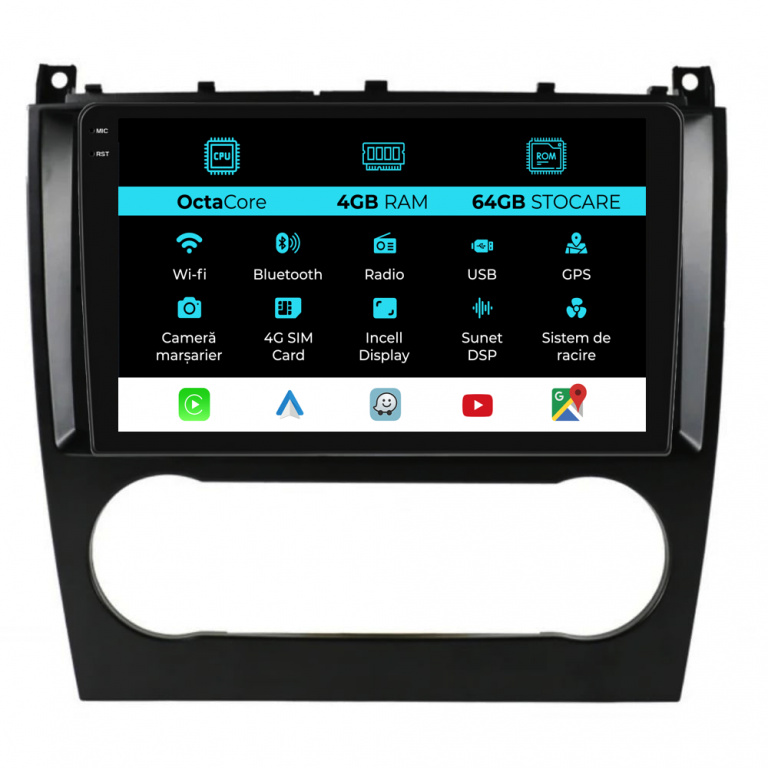Navigatie Dedicata Mercedes C-Class W203 CLK W209 (2005 - 2009), 9Inch, 4Gb Ram, 64Gb Stocare, Carplay